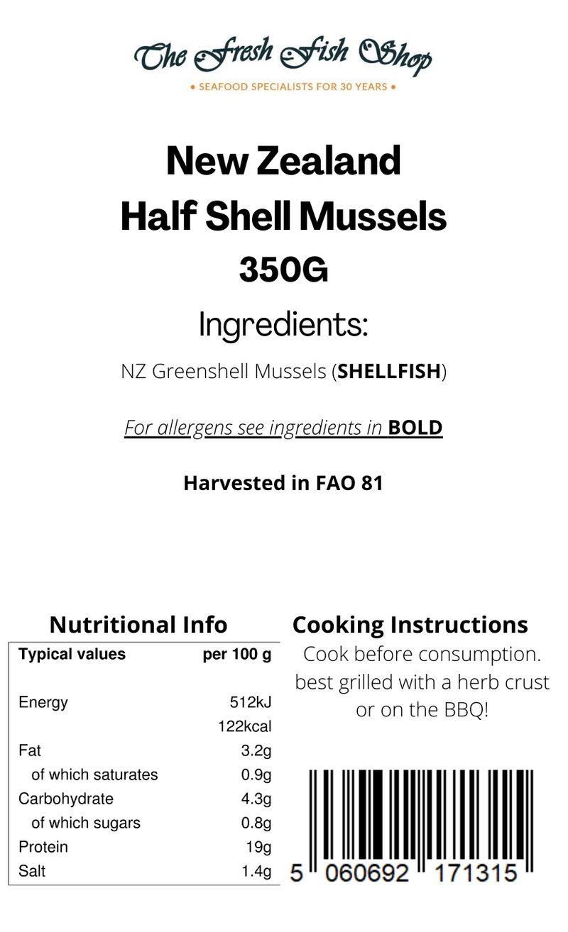 Frozen Half-Shell New Zealand Mussels (350g) - The Fresh Fish Shop UK